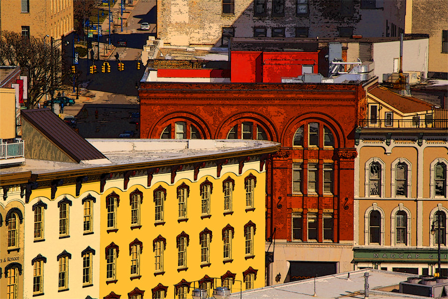 Painterly photograph of cityscape of downtown Grand Rapids, MI 