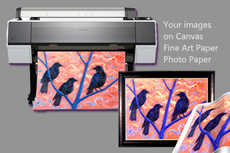 Photograph of an original painting by Ben Perrin of three crows and a large format printer printing a reproduction of the same painting. Text in image reads: Your images on canvas fine art paper photo paper